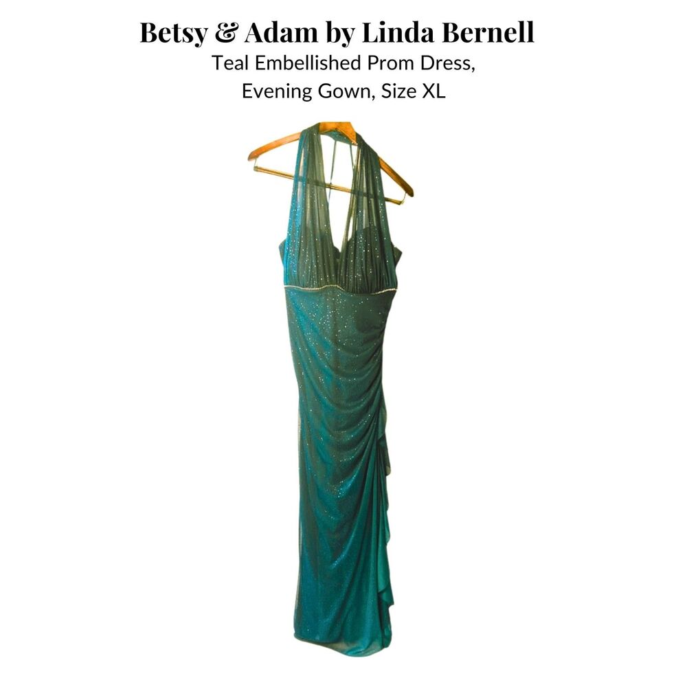 Y2K Betsy & Adam Teal Shimmer Halter Prom, Formal Gown